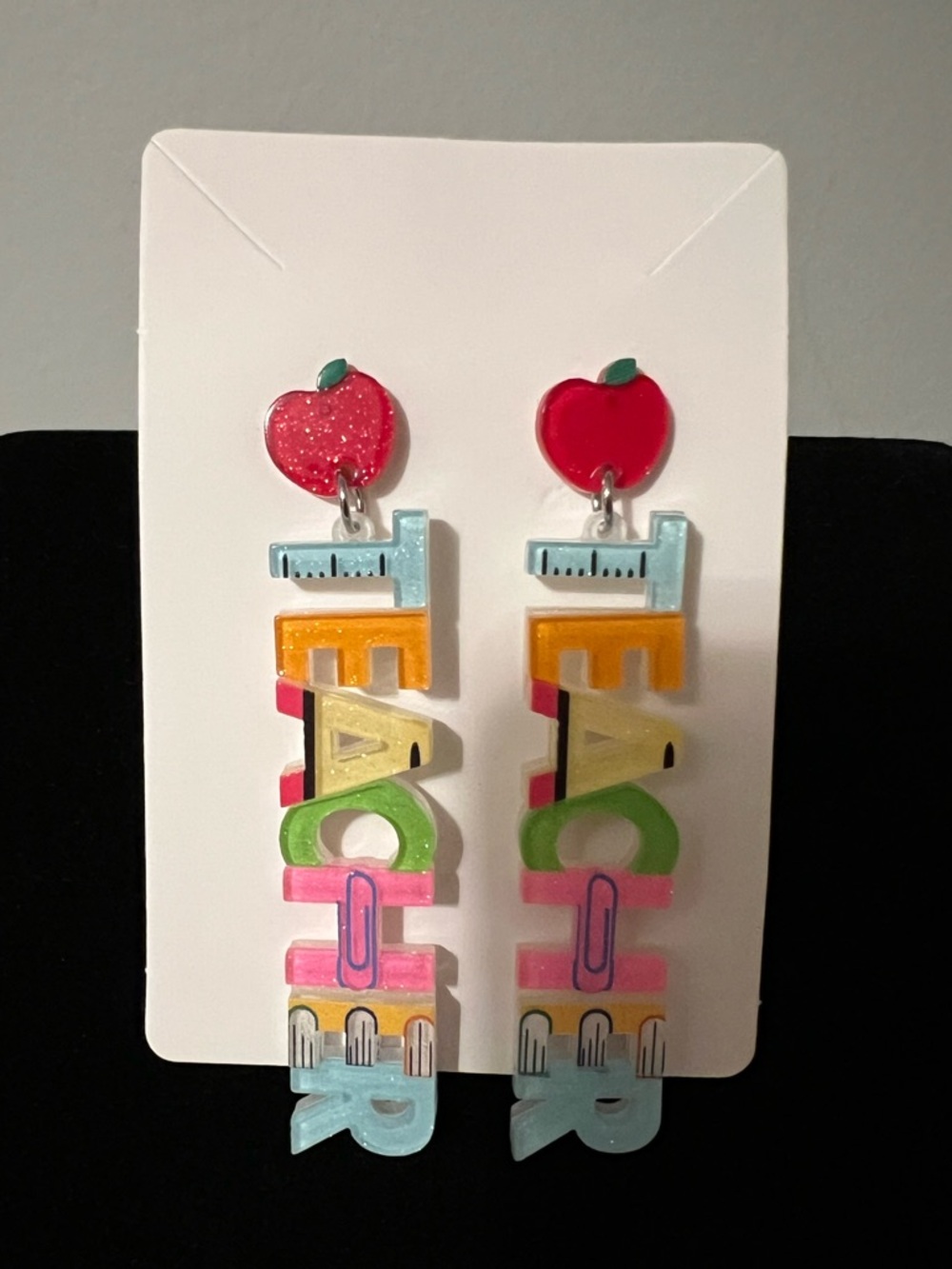 Colorful "Teacher" Apple Drop Earrings